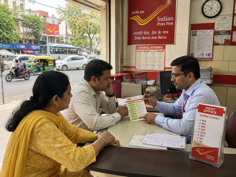 भारतीय डाकघर में एक पुरुष और महिला Post Office Savings Scheme की जानकारी लेते हुए, कर्मचारी विभिन्न बचत योजनाओं के बारे में समझा रहा है।