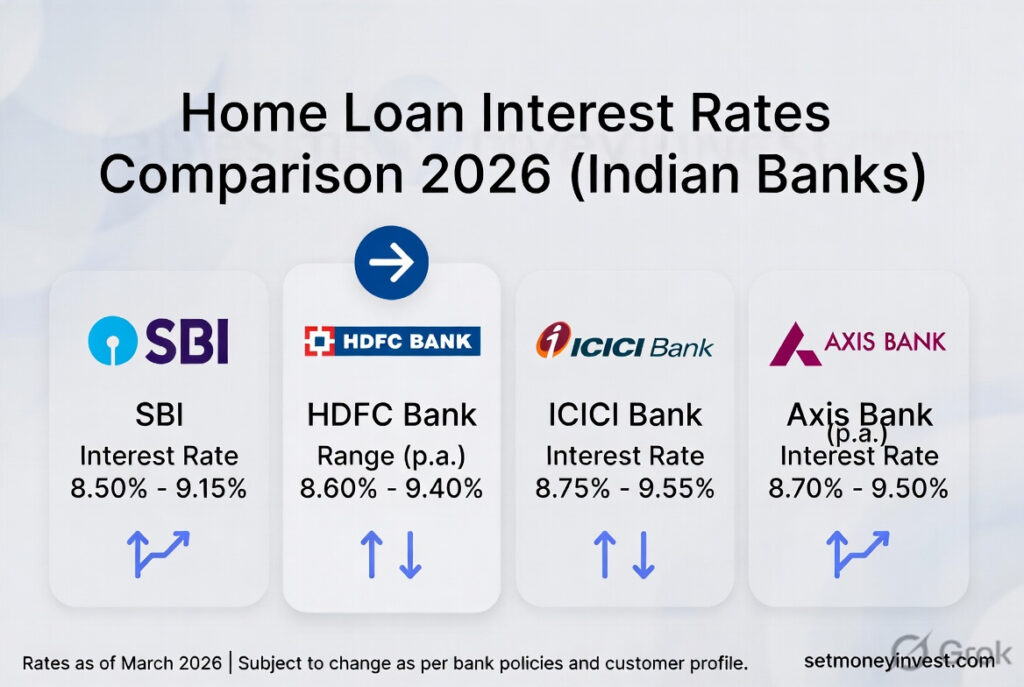 Home loan interest rates comparison 2026 SBI HDFC ICICI Axis Bank India