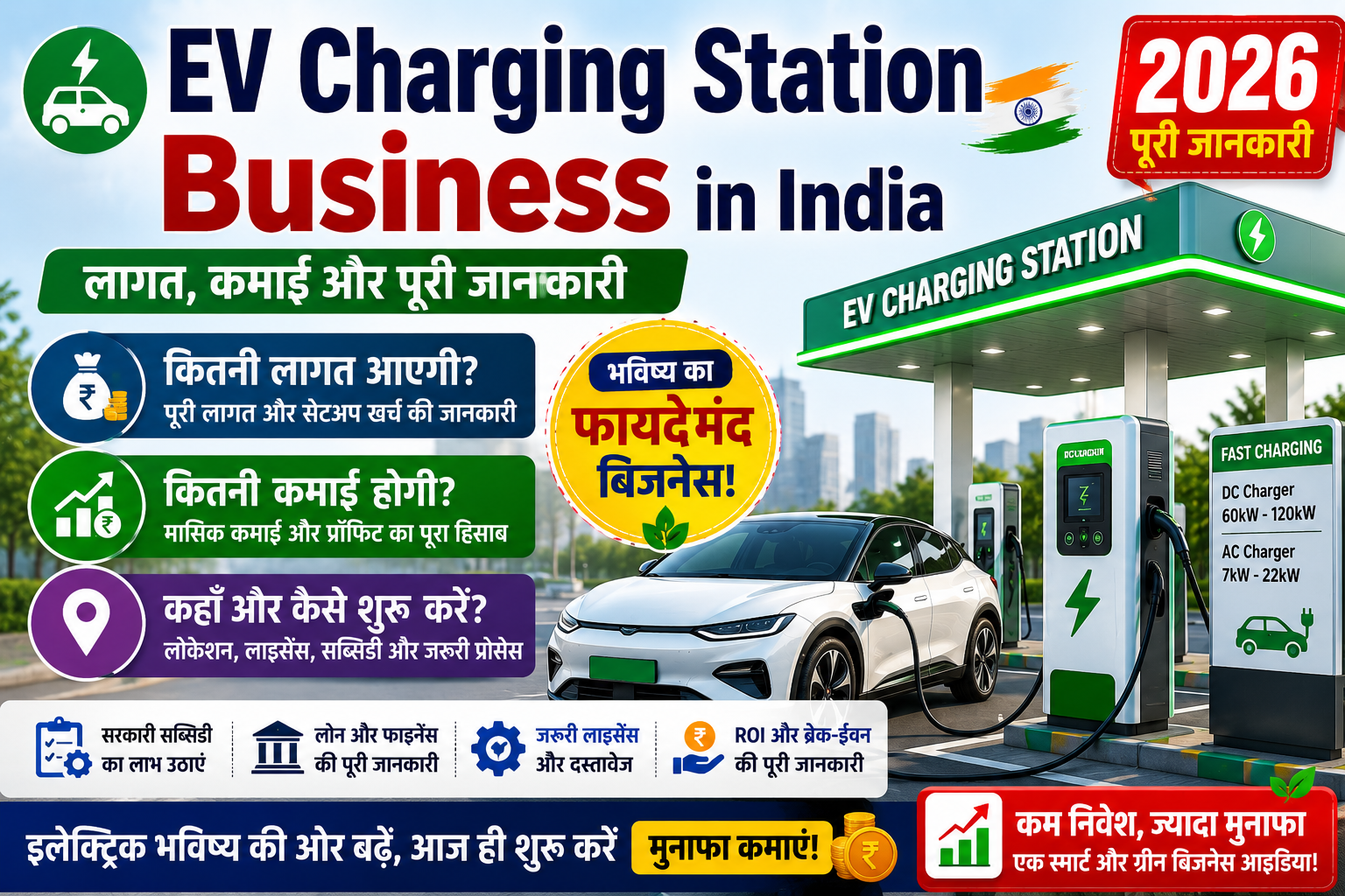 EV Charging Station Business in India 2026 – EV चार्जिंग स्टेशन बिजनेस की लागत, कमाई, निवेश, लाइसेंस और सरकारी सहायता की जानकारी